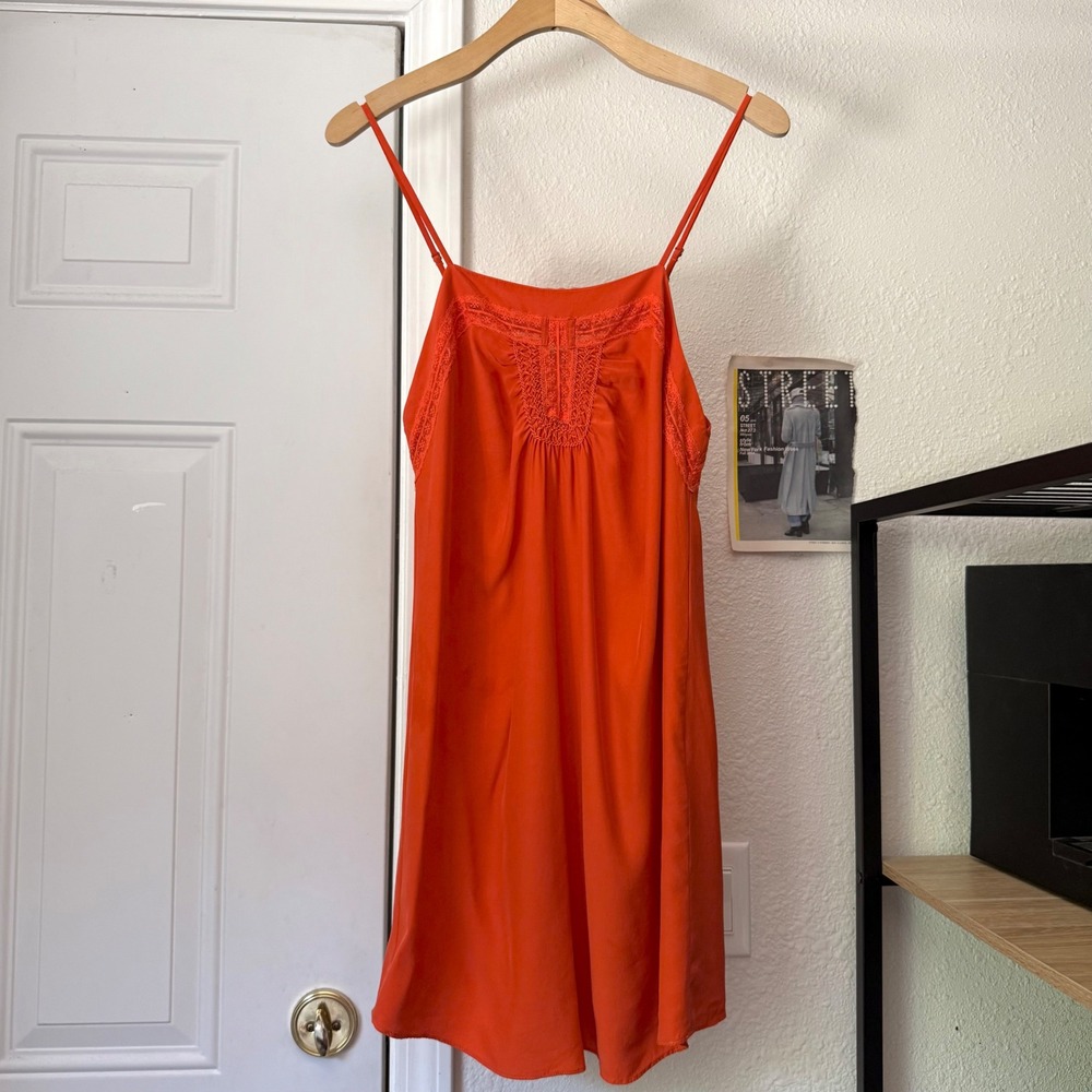 ONLY HEARTS N.Y.C. orange satin square neck slip lace trim sleeveless mini dress